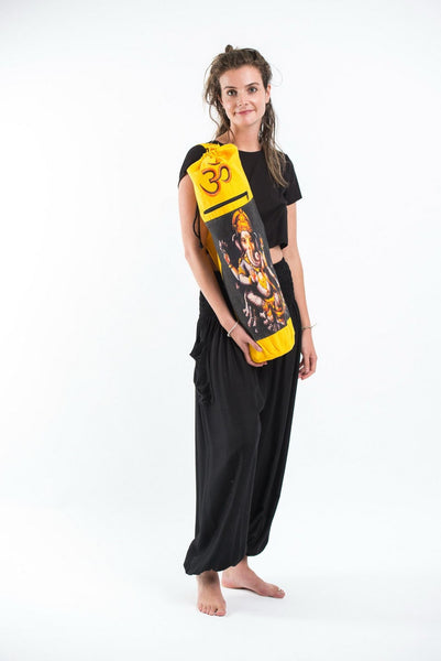 Yellow Embroidered Ohm + Ganesha Print Cotton & Hemp Yoga Mat Bag