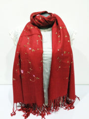 Fair Trade Hand Made Nepal Pashmina Scarf Shawl Embroidered Flowers Red