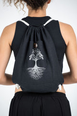 Tree of Life Drawstring Cotton Canvas Backpack in Silver on Black