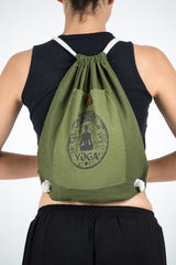 Yoga Stamp Drawstring Cotton Canvas Backpack in Olive Green