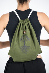Tree of Life Drawstring Cotton Canvas Backpack in Olive Green