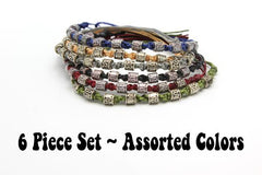Assorted 6 Piece Set Hand Made Thai Waxed Cotton Woven Bracelet With Tribal Beads