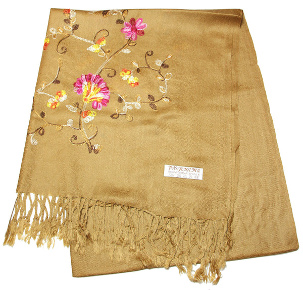 Fair Trade Hand Made Nepal Pashmina Scarf Shawl Embroidered Brown