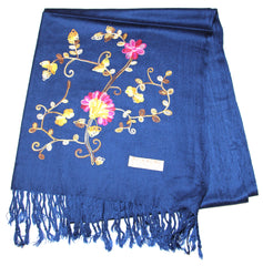 Fair Trade Hand Made Nepal Pashmina Scarf Shawl Embroidered Blue