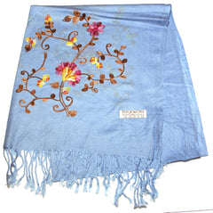 Fair Trade Hand Made Nepal Pashmina Scarf Shawl Embroidered Light Blue