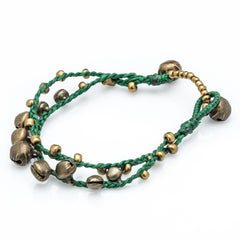 Brass Bell Waxed Cotton Bracelets in Green