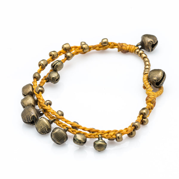 Brass Bell Waxed Cotton Bracelets in Mustard