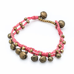 Brass Bell Waxed Cotton Bracelets in Pink