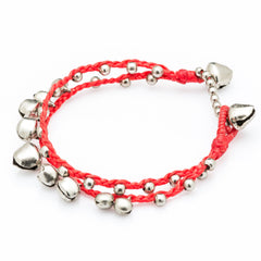 Silver Bell Waxed Cotton Bracelets in Red