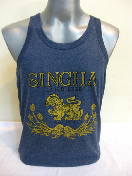 Super Soft Vintage Distressed Singha Beer Mens Tank Top in Denim Blue