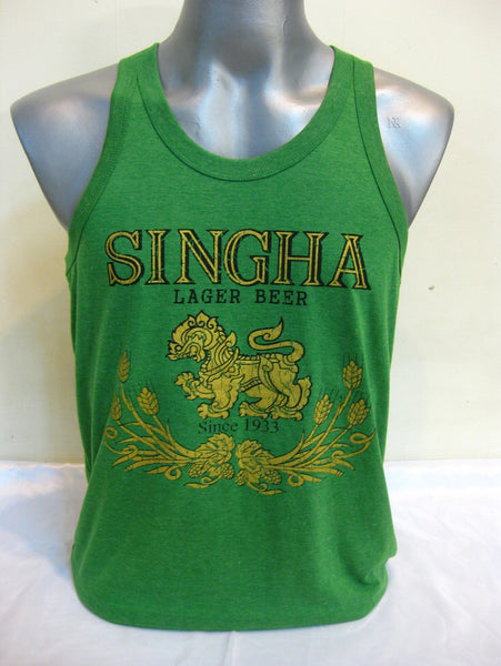 Super Soft Vintage Distressed Singha Beer Mens Tank Top in Green