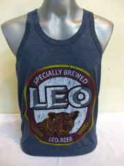 Super Soft Vintage Distressed Leo Beer Mens Tank Top in Denim Blue