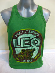 Super Soft Vintage Distressed Leo Beer Mens Tank Top in Green