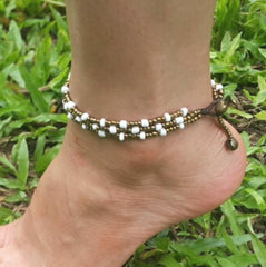 Hand Made Fair Trade Anklet Three Strand Brass Beads White