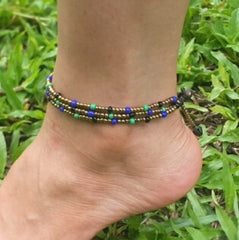 Hand Made Fair Trade Anklet Three Strand Brass Beads Multi