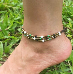 Hand Made Fair Trade Anklet Three Strand Brass Beads Multi