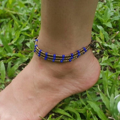 Hand Made Fair Trade Anklet Three Strand Brass Beads Purple