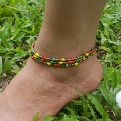 Hand Made Fair Trade Anklet Three Strand Brass Beads Multi