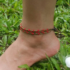 Hand Made Fair Trade Anklet Three Strand Brass Beads Red