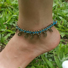 Hand Made Fair Trade Anklet Double Strand Brass Coins Turquoise