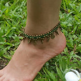 Hand Made Fair Trade Anklet Double Strand Brass Coins Green