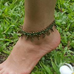 Hand Made Fair Trade Anklet Double Strand Brass Coins Green