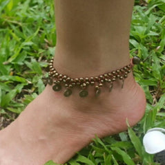 Hand Made Fair Trade Anklet Double Strand Brass Coins Brown