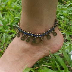 Hand Made Fair Trade Anklet Double Strand Brass Coins Purple