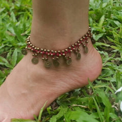 Hand Made Fair Trade Anklet Double Strand Brass Coins Red