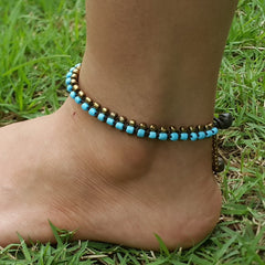 Hand Made Fair Trade Anklet Double Strand Brass Beads Blue
