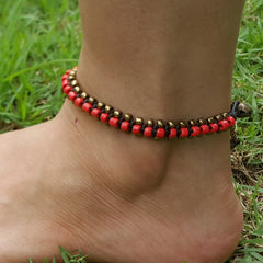 Hand Made Fair Trade Anklet Double Strand Brass Beads Red