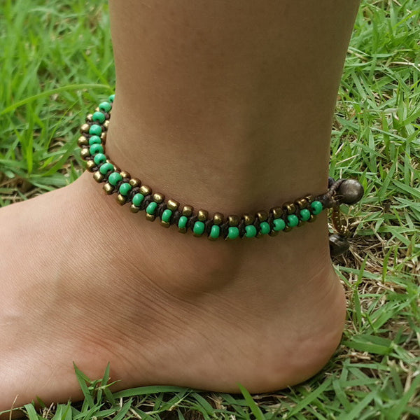 Hand Made Fair Trade Anklet Double Strand Brass Beads Green