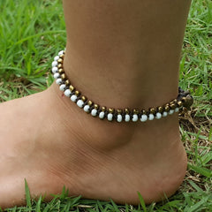 Hand Made Fair Trade Anklet Double Strand Brass Beads White