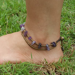 Hand Made Fair Trade Anklet Double Strand Brass Beads Amethyst