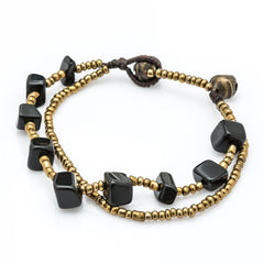 Brass Bead And Black Stone Double Strand Bracelets