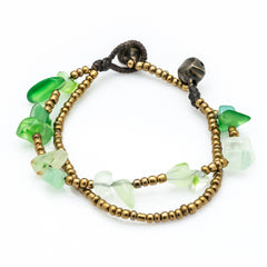 Brass Bead And Green Stone Double Strand Bracelets