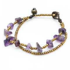 Brass Bead And Violet Stone Double Strand Bracelets