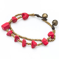 Brass Bead And Red Stone Double Strand Bracelets