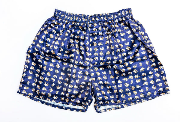 Thai Silk Boxer Shorts Elephants Print in Navy