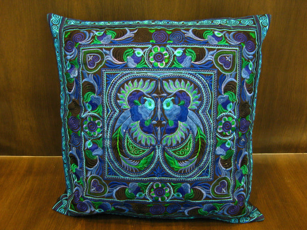 Hand Embroidered Thai Hmong Hill Tribe Pillow Cover Blue