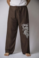 Mens Thai Cotton Yoga Pants With Dragon Print Brown