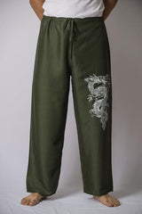 Mens Thai Cotton Yoga Pants With Dragon Print Green