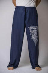 Mens Thai Cotton Yoga Pants With Dragon Print Navy Blue