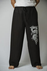 Mens Thai Cotton Yoga Pants With Dragon Print Black