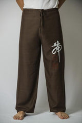 Mens Thai Cotton Yoga Pants With Chinese Writing Print Brown