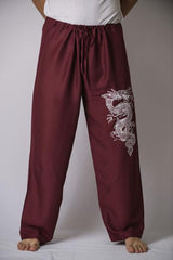 Mens Thai Cotton Yoga Pants With Dragon Print Burgundy