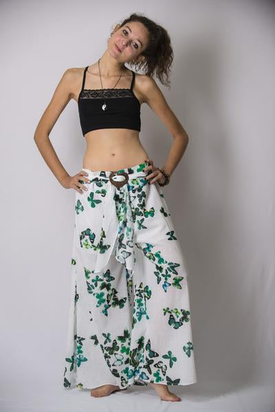 Women's Thai Harem Palazzo Pants in Butterflies Green