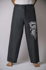 Mens Thai Cotton Yoga Pants With Dragon Print Gray