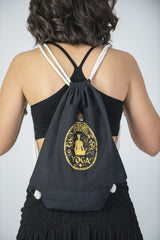 Yoga Stamp Drawstring Cotton Canvas Backpack in Gold on Black