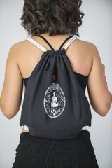 Yoga Stamp Drawstring Cotton Canvas Backpack in Silver on Black